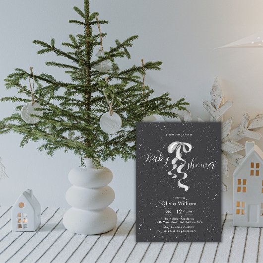 Invitation Fête de naissance bébé Hiver Arc Argent Gris Foncé