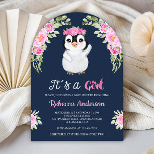 Invitation Fête de naissance bébé marin manchot floral aquare