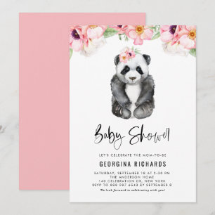 Invitation Fête de Naissance Bébé Panda Aquarelle Anémones Ro