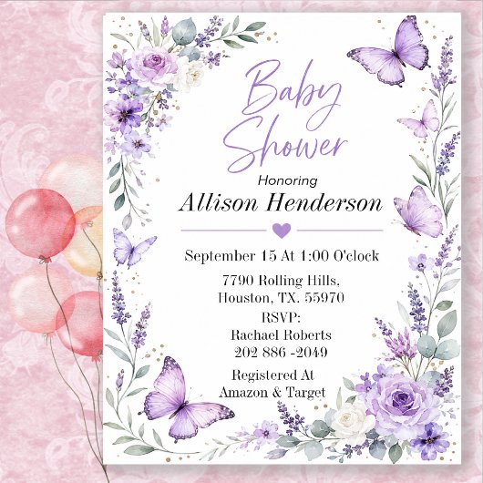 Invitation Fête de naissance bébé papillon lavande délicate