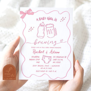 Invitation Fête de naissance Bébé rose dessiné à la main en p