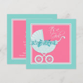 Invitation Fête de naissance bébé rose et sarcelle bleue (Devant / Derrière)