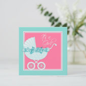 Invitation Fête de naissance bébé rose et sarcelle bleue (Debout devant)