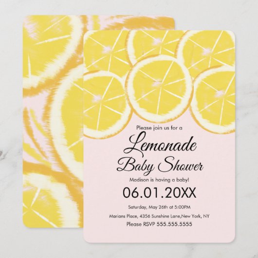 Invitation Fête de Naissance Bébé Rose Lemonade Citron Abstra (Devant / Derrière)