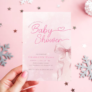 Invitation Fête de Naissance Bébé Rose Pâle Aquarelle Nœud Pa