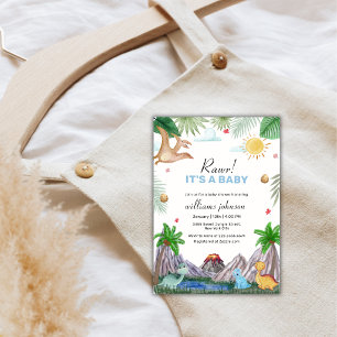 Invitation Fête de naissance bébé Volcan Montagne Forêt Dinos