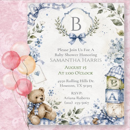Invitation Fête de naissance Blue Boy Bébé Monogrammé 
