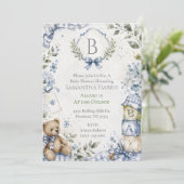Invitation Fête de naissance Blue Boy Bébé Monogrammé  (Debout devant)