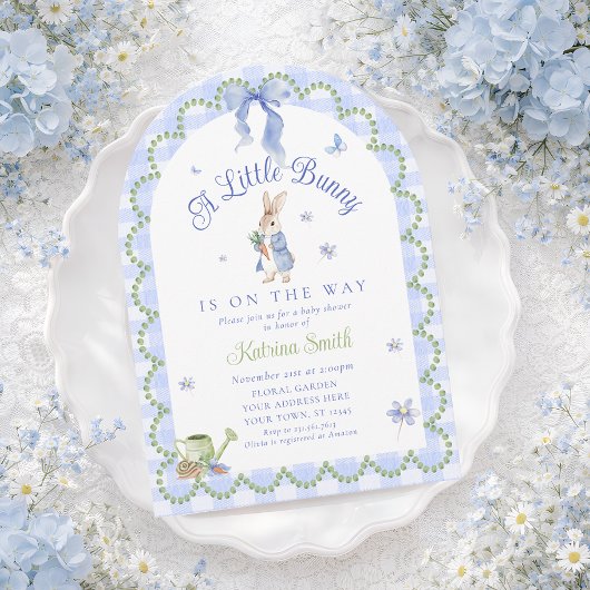 Invitation Fête de naissance Blue Bunny Rabbit Gingham