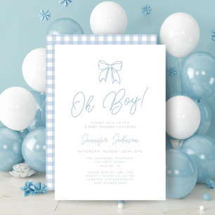 Invitation Fête de naissance Blue G ingham Bow Oh Boy Baby