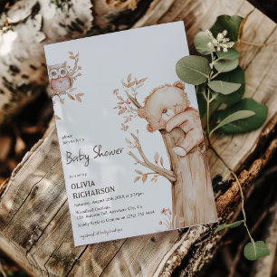 Invitation Fête de naissance Boho ours et arbre en forêt