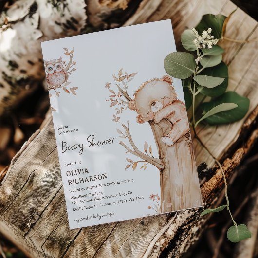 Invitation Fête de naissance Boho ours et arbre en forêt