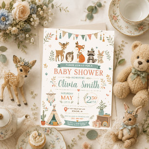 Invitation Fête de naissance Boho Woodland Animaux de la forê
