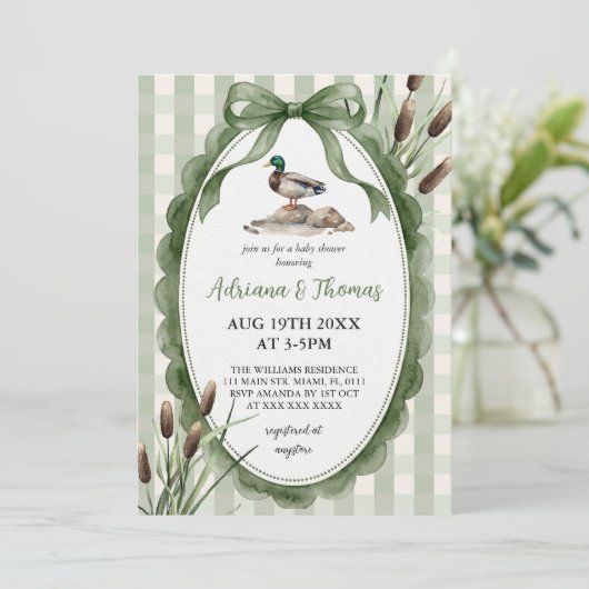Invitation Fête de naissance Canard Colvert Gingham Vert (Debout devant)