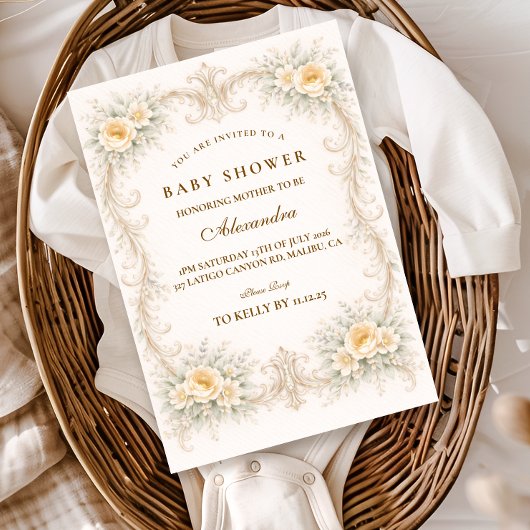 Invitation Fête de Naissance Champagne Rose Baroque Bébé
