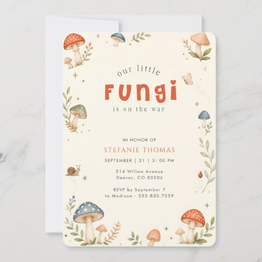 Invitation Fête de Naissance Champignon Bébé Elégante (Devant)