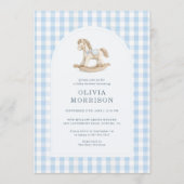 Invitation Fête de Naissance Cheval à Bascule Gingham Bleu (Devant)