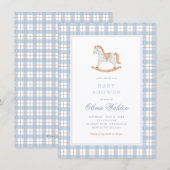 Invitation Fête de naissance Cheval à Bascule Gingham Bleu Vi (Devant / Derrière)