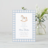Invitation Fête de naissance Cheval à Bascule Gingham Bleu Vi (Debout devant)