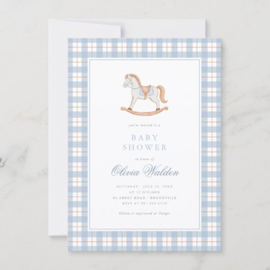 Invitation Fête de naissance Cheval à Bascule Gingham Bleu Vi (Devant)