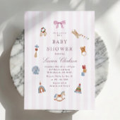 Invitation Fête de naissance Cheval à bascule rayé rose éléga