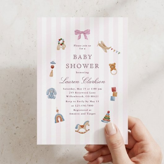 Invitation Fête de naissance Cheval à bascule rayé rose éléga