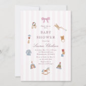 Invitation Fête de naissance Cheval à bascule rayé rose éléga (Devant)