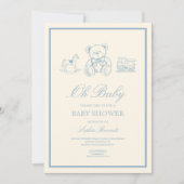Invitation Fête de naissance classique ourson bleu pastel (Devant)