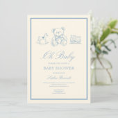 Invitation Fête de naissance classique ourson bleu pastel (Debout devant)