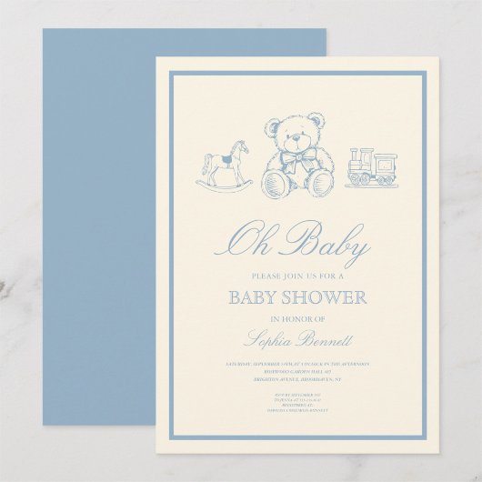 Invitation Fête de naissance classique ourson bleu pastel