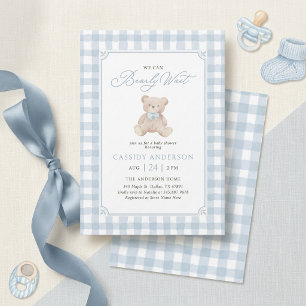 Invitation Fête de naissance classique Ourson en vichy bleu