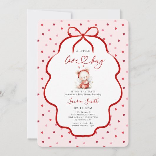 Invitation Fête de naissance coccinelle rose fille (Devant)