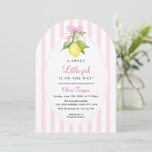 Invitation Fête de naissance Coquette Lemon Rose (Debout devant)