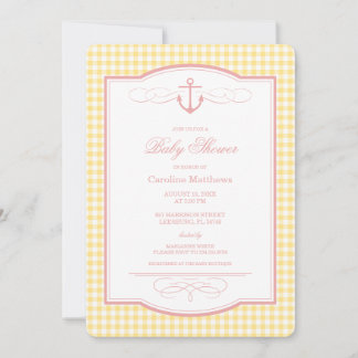 Invitation Fête de naissance côtière préppy à carreaux roses