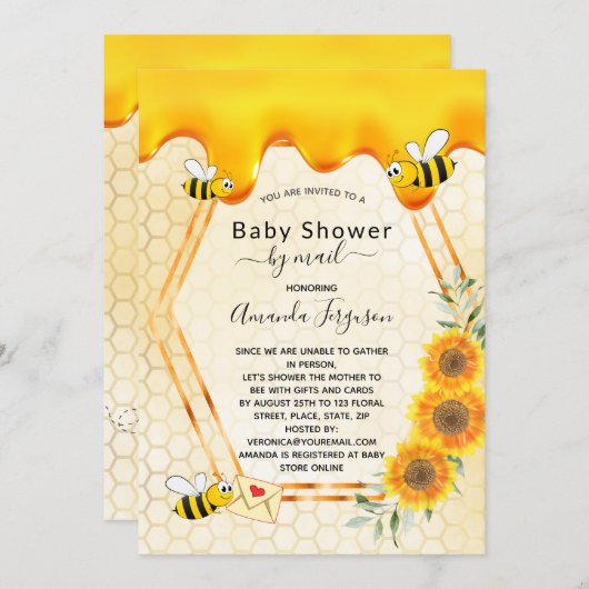 Invitation Fête de naissance d'abeille par la poste or doux m (Devant / Derrière)