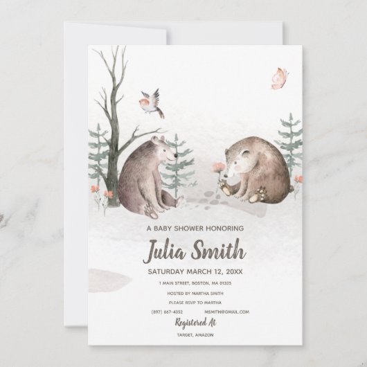 Invitation Fête de naissance dans une forêt de style aquarell (Devant)