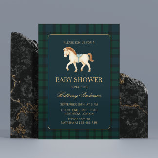 Invitation Fête de naissance de bébé Cheval Tartan Plaid Rust