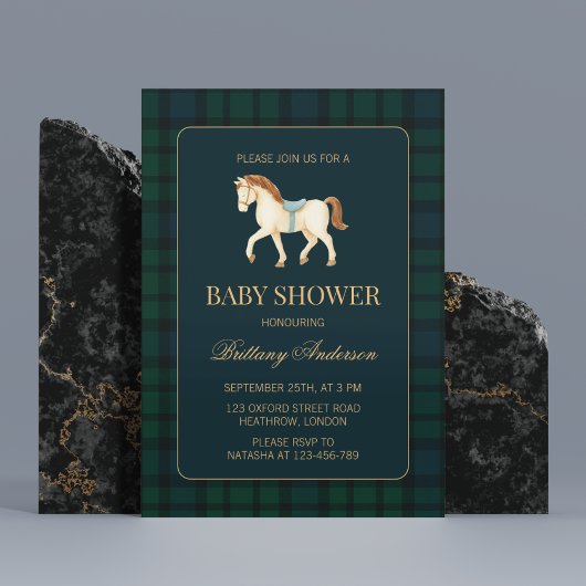 Invitation Fête de naissance de bébé Cheval Tartan Plaid Rust