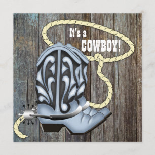 Invitation Fête de naissance de bébé cowboy en bois de grange