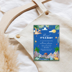 Invitation Fête de naissance de bébé dinosaure Montagne Volca