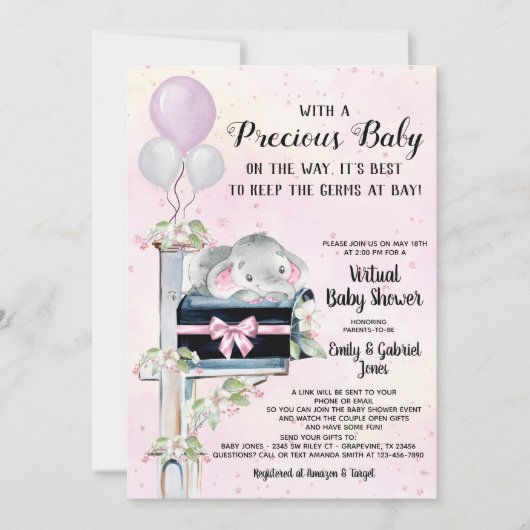 Invitation Fête de naissance de bébé éléphant fille Covid par (Devant)