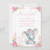 Invitation Fête de Naissance de Bébé Éléphant Fille Mignonne (Devant)