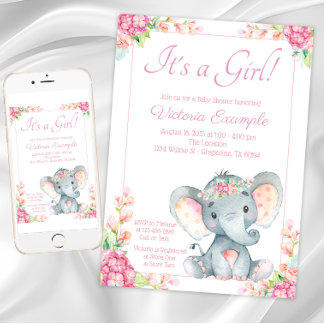 Invitation Fête de Naissance de Bébé Éléphant Fille Mignonne