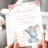 Invitation Fête de Naissance de Bébé Éléphant Fille Mignonne
