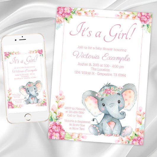 Invitation Fête de Naissance de Bébé Éléphant Fille Mignonne
