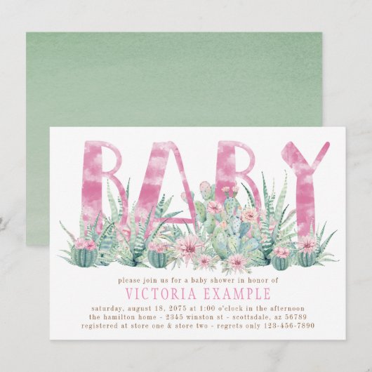 Invitation Fête de naissance de bébé fille à l'aquarelle de c (Devant / Derrière)