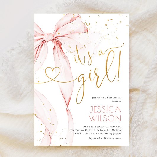 Invitation Fête de naissance de bébé fille à ruban rose