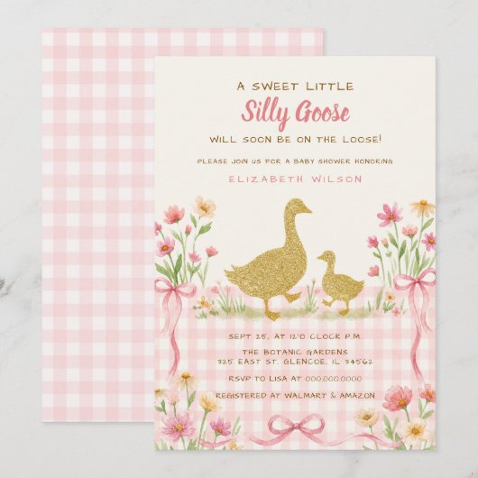 Invitation Fête de naissance de bébé fille au canard rose fle (Devant / Derrière)