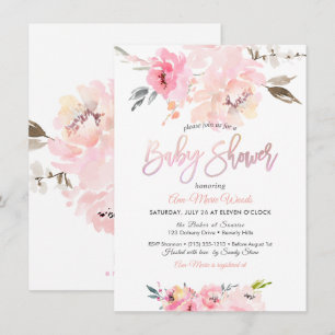 Invitation Fête de naissance de bébé fille aux pivoines aquar