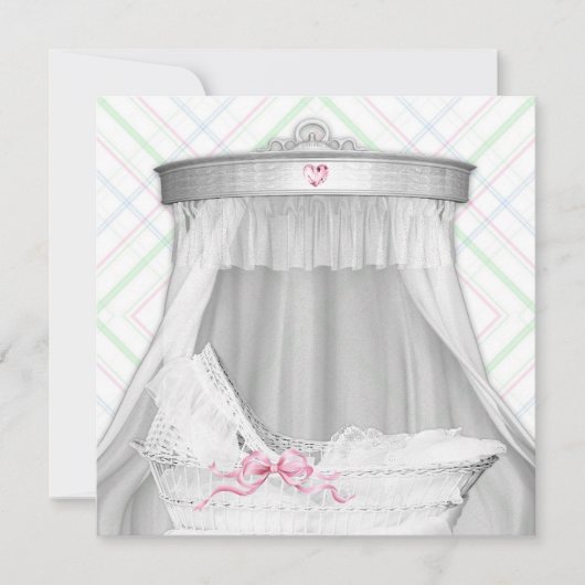 Invitation Fête de naissance de bébé fille avec un berceau bl (Devant)
